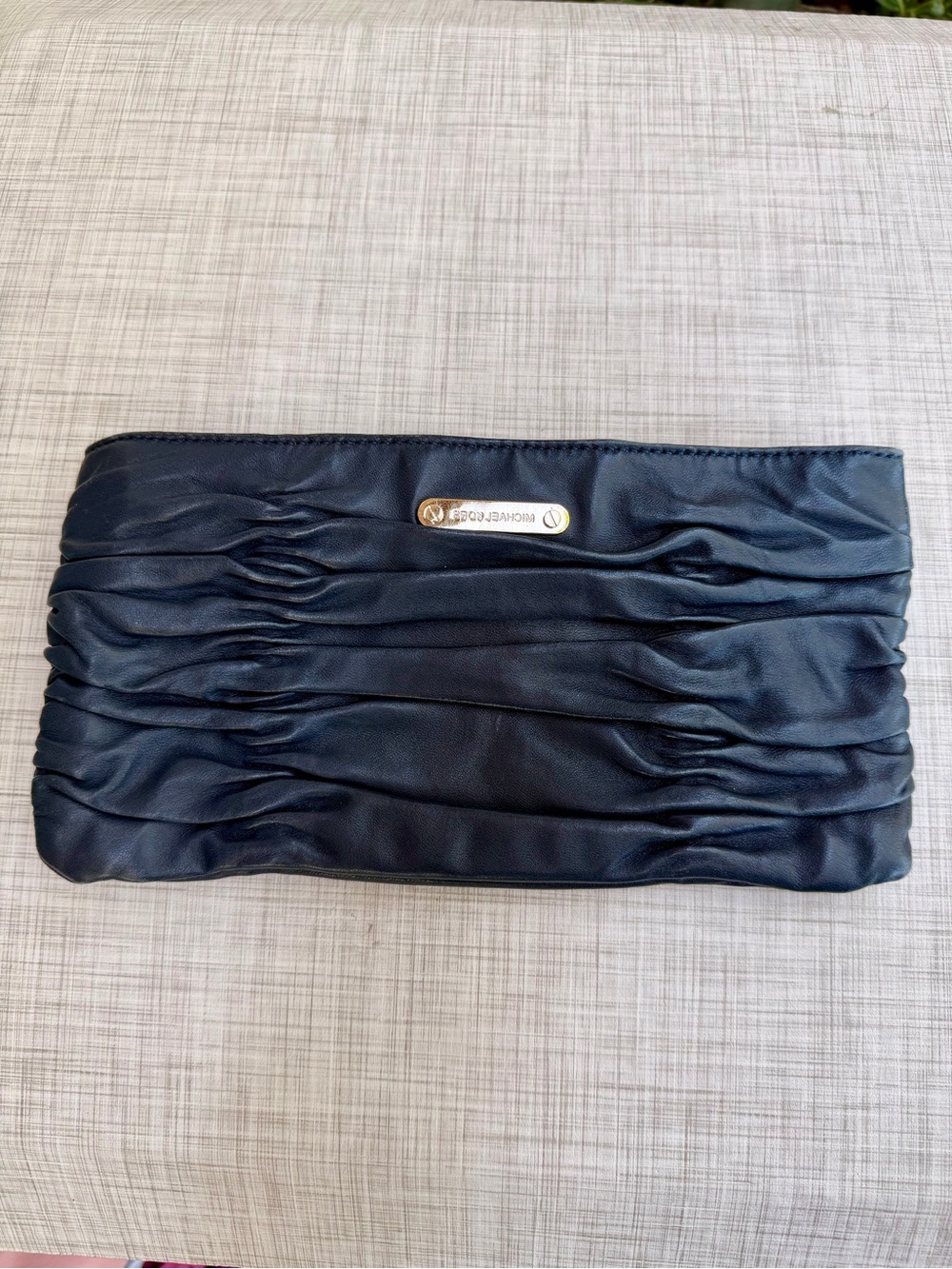 Michael Kors Navy Ruched Leather Clutch with Gold Plaque